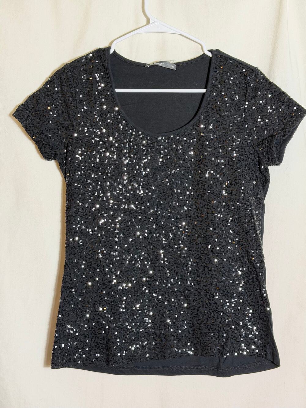 Kiara Black Sequin Top Women’s Medium Short Sleeve Party Holiday Shirt Sparkle